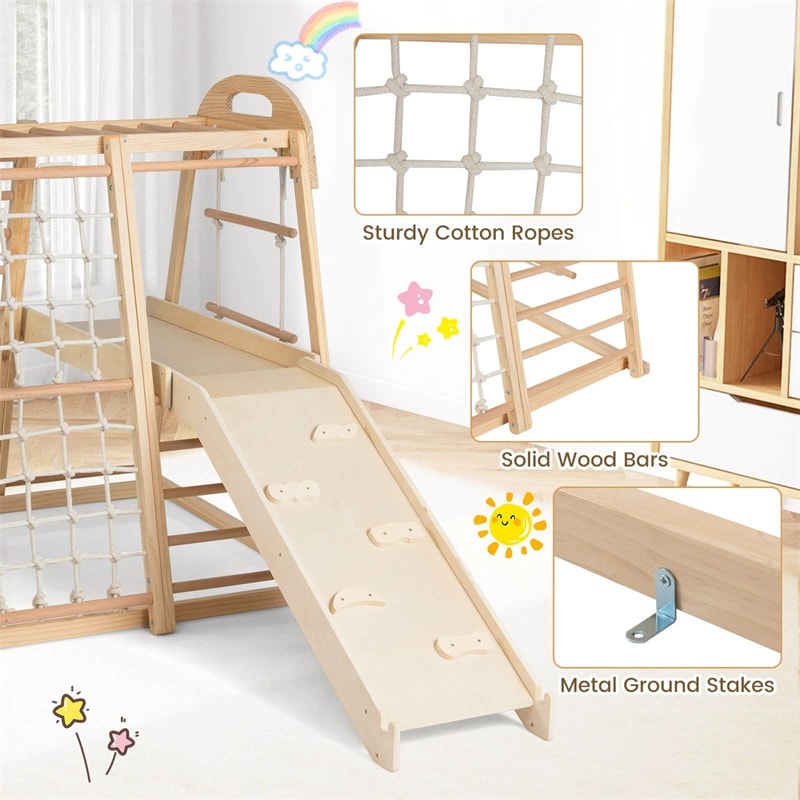 8-in-1 Wooden Indoor Jungle Gym Montessori Playground Climber Playset w/ Double-Sided Slide, Swing, Monkey Bar, Rope Ladder for Kids Ages 3-8