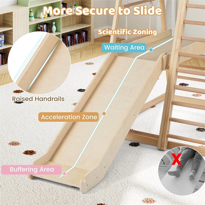 8-in-1 Wooden Indoor Jungle Gym Montessori Playground Climber Playset w/ Double-Sided Slide, Swing, Monkey Bar, Rope Ladder for Kids Ages 3-8