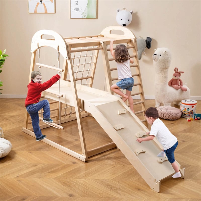 8-in-1 Wooden Indoor Jungle Gym Montessori Playground Climber Playset w/ Double-Sided Slide, Swing, Monkey Bar, Rope Ladder for Kids Ages 3-8