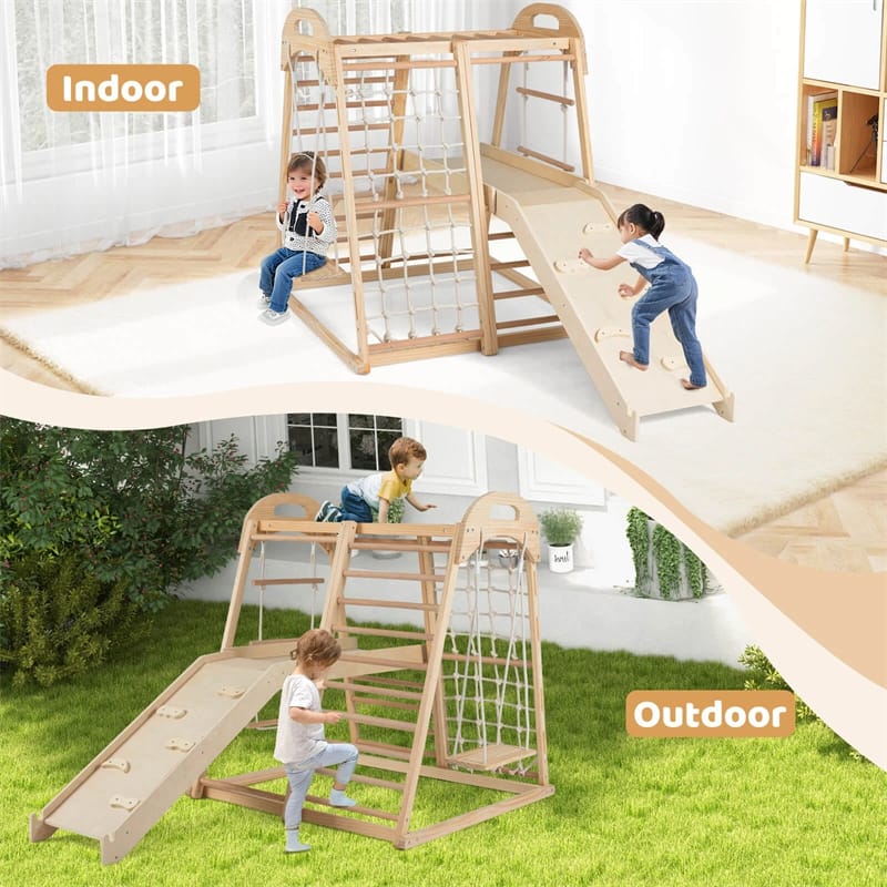 8-in-1 Wooden Indoor Jungle Gym Montessori Playground Climber Playset w/ Double-Sided Slide, Swing, Monkey Bar, Rope Ladder for Kids Ages 3-8
