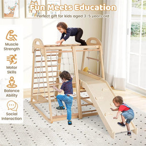 8-in-1 Wooden Indoor Jungle Gym Montessori Playground Climber Playset w/ Double-Sided Slide, Swing, Monkey Bar, Rope Ladder for Kids Ages 3-8