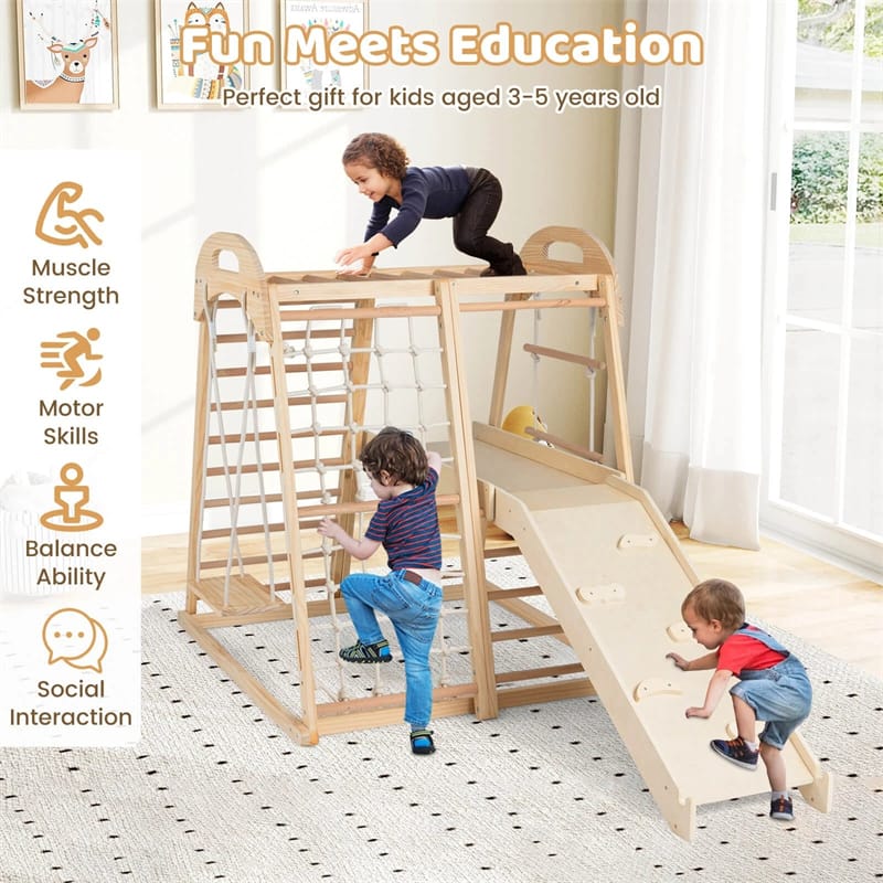 8-in-1 Wooden Indoor Jungle Gym Montessori Playground Climber Playset w/ Double-Sided Slide, Swing, Monkey Bar, Rope Ladder for Kids Ages 3-8