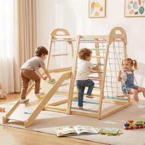 8-in-1 Wooden Indoor Jungle Gym Montessori Playground Climber Playset w/ Double-Sided Slide, Swing, Monkey Bar, Rope Ladder for Kids Ages 3-8