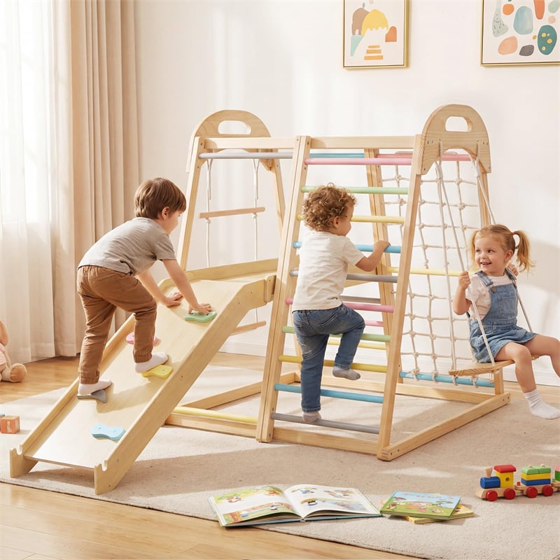 8-in-1 Wooden Indoor Jungle Gym Montessori Playground Climber Playset w/ Double-Sided Slide, Swing, Monkey Bar, Rope Ladder for Kids Ages 3-8