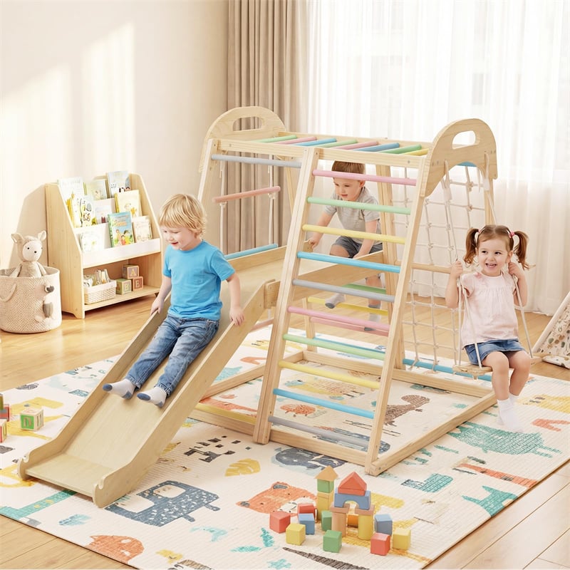 8-in-1 Wooden Indoor Jungle Gym Montessori Playground Climber Playset w/ Double-Sided Slide, Swing, Monkey Bar, Rope Ladder for Kids Ages 3-8