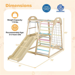 8-in-1 Wooden Indoor Jungle Gym Montessori Playground Climber Playset w/ Double-Sided Slide, Swing, Monkey Bar, Rope Ladder for Kids Ages 3-8