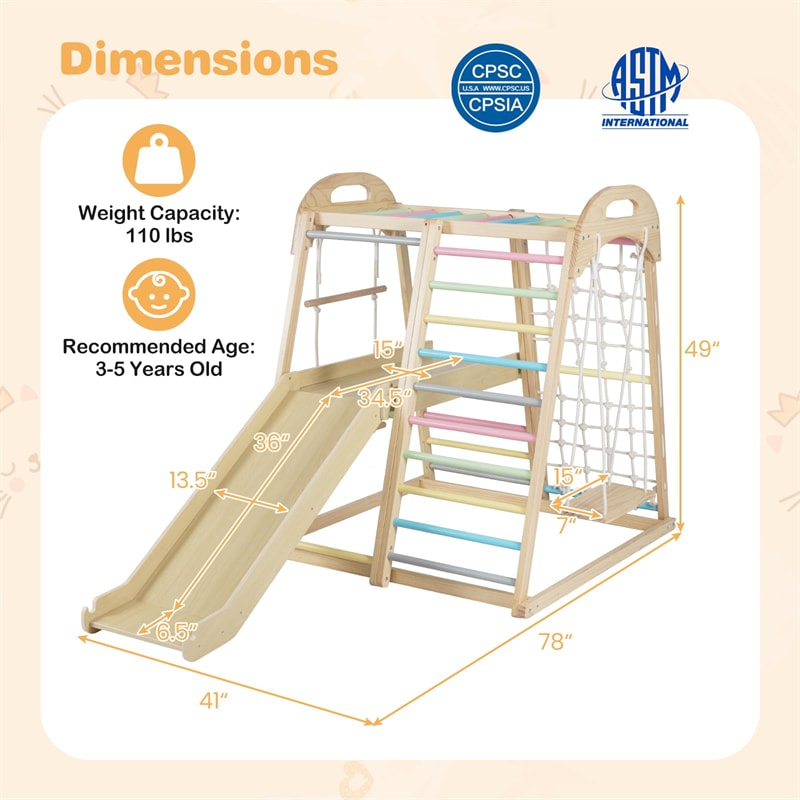 8-in-1 Wooden Indoor Jungle Gym Montessori Playground Climber Playset w/ Double-Sided Slide, Swing, Monkey Bar, Rope Ladder for Kids Ages 3-8