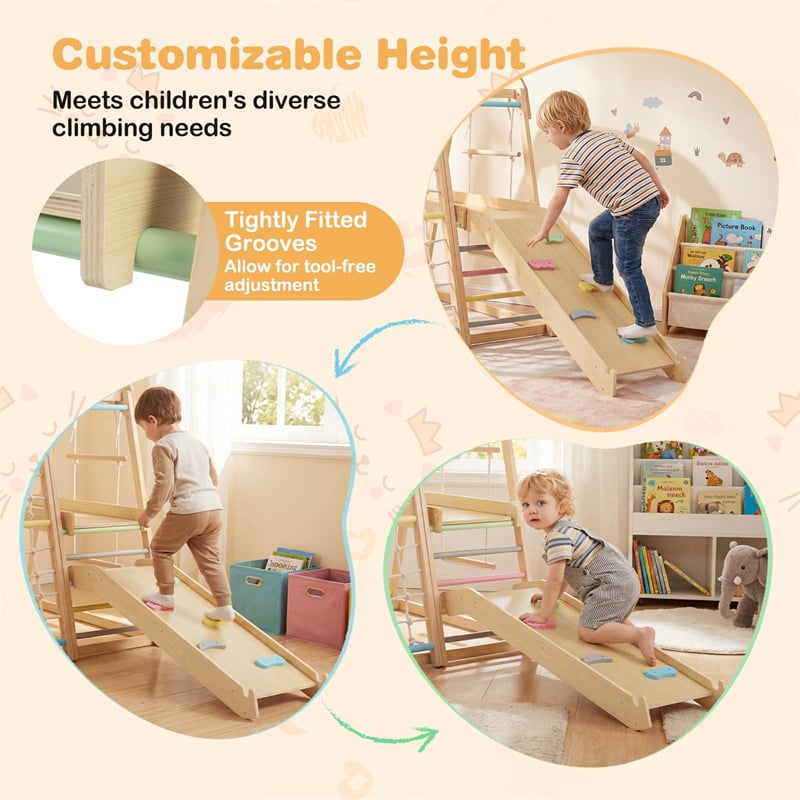 8-in-1 Wooden Indoor Jungle Gym Montessori Playground Climber Playset w/ Double-Sided Slide, Swing, Monkey Bar, Rope Ladder for Kids Ages 3-8
