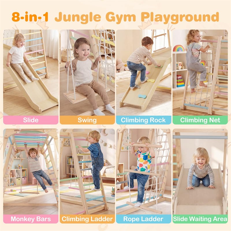 8-in-1 Wooden Indoor Jungle Gym Montessori Playground Climber Playset w/ Double-Sided Slide, Swing, Monkey Bar, Rope Ladder for Kids Ages 3-8