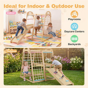 8-in-1 Wooden Indoor Jungle Gym Montessori Playground Climber Playset w/ Double-Sided Slide, Swing, Monkey Bar, Rope Ladder for Kids Ages 3-8