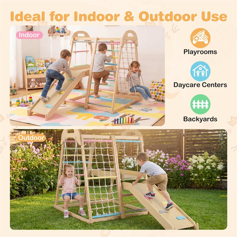8-in-1 Wooden Indoor Jungle Gym Montessori Playground Climber Playset w/ Double-Sided Slide, Swing, Monkey Bar, Rope Ladder for Kids Ages 3-8