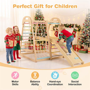 8-in-1 Wooden Indoor Jungle Gym Montessori Playground Climber Playset w/ Double-Sided Slide, Swing, Monkey Bar, Rope Ladder for Kids Ages 3-8
