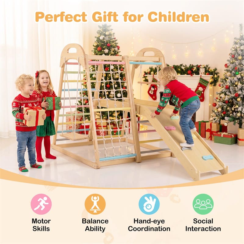 8-in-1 Wooden Indoor Jungle Gym Montessori Playground Climber Playset w/ Double-Sided Slide, Swing, Monkey Bar, Rope Ladder for Kids Ages 3-8