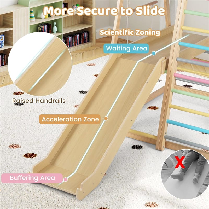 8-in-1 Wooden Indoor Jungle Gym Montessori Playground Climber Playset w/ Double-Sided Slide, Swing, Monkey Bar, Rope Ladder for Kids Ages 3-8