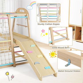 8-in-1 Wooden Indoor Jungle Gym Montessori Playground Climber Playset w/ Double-Sided Slide, Swing, Monkey Bar, Rope Ladder for Kids Ages 3-8