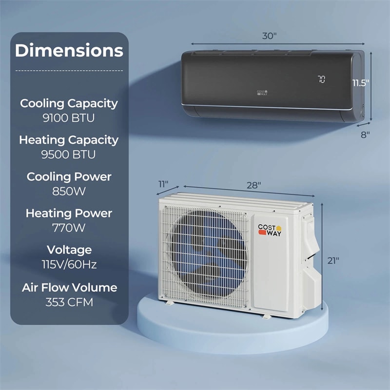 9100 BTU WiFi Mini Split Air Conditioner & Heater, 20.5 SEER2 115V Inverter Heat Pump System for Rooms Up to 450 Sq.Ft, Compatible with Alexa