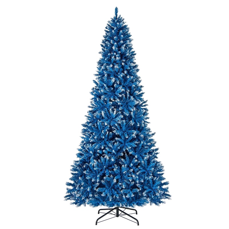 6/7/8/9 FT Pre-Lit Christmas Tree, Blue Hinged Xmas Tree with Frosted PVC Tips, Warm White LED Lights, 8 Modes & Folding Stand for Holiday Decor