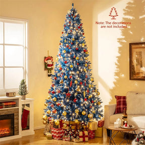 6/7/8/9 FT Pre-Lit Christmas Tree, Blue Hinged Xmas Tree with Frosted PVC Tips, Warm White LED Lights, 8 Modes & Folding Stand for Holiday Decor