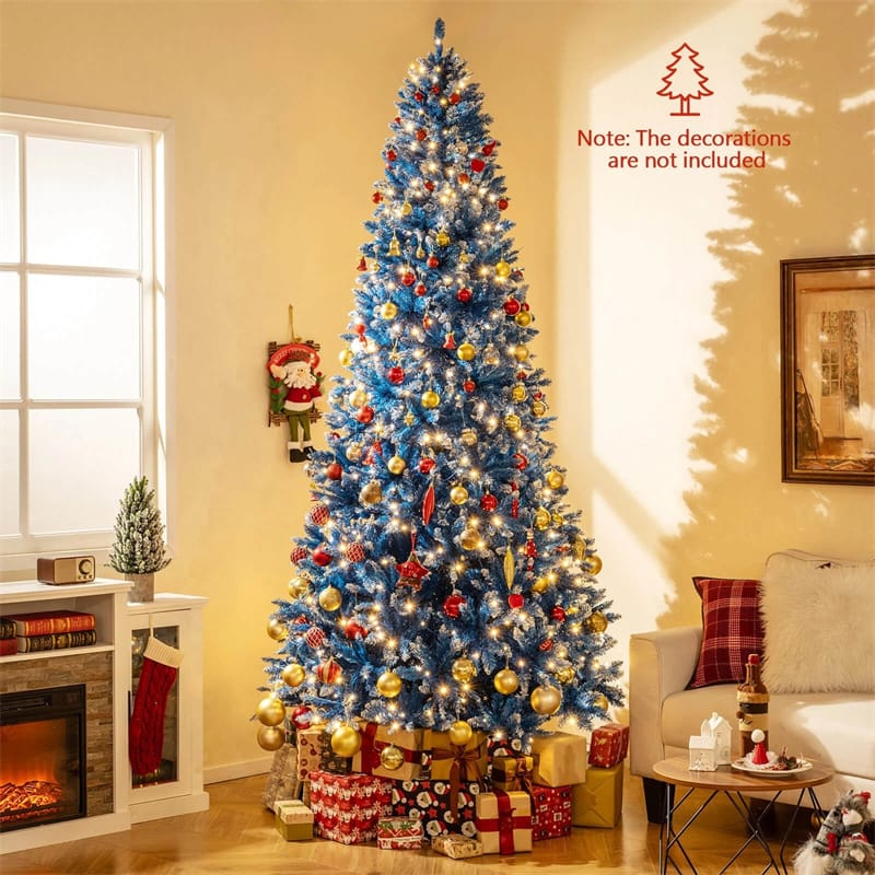 6/7/8/9 FT Pre-Lit Christmas Tree, Blue Hinged Xmas Tree with Frosted PVC Tips, Warm White LED Lights, 8 Modes & Folding Stand for Holiday Decor