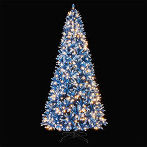 6/7/8/9 FT Pre-Lit Christmas Tree, Blue Hinged Xmas Tree with Frosted PVC Tips, Warm White LED Lights, 8 Modes & Folding Stand for Holiday Decor