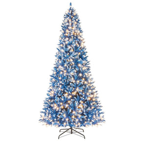 6/7/8/9 FT Pre-Lit Christmas Tree, Blue Hinged Xmas Tree with Frosted PVC Tips, Warm White LED Lights, 8 Modes & Folding Stand for Holiday Decor