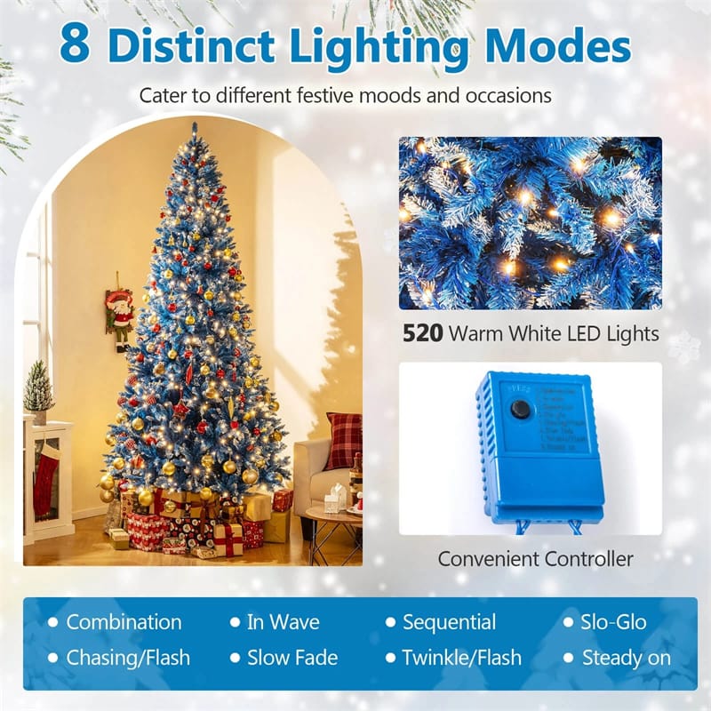 6/7/8/9 FT Pre-Lit Christmas Tree, Blue Hinged Xmas Tree with Frosted PVC Tips, Warm White LED Lights, 8 Modes & Folding Stand for Holiday Decor