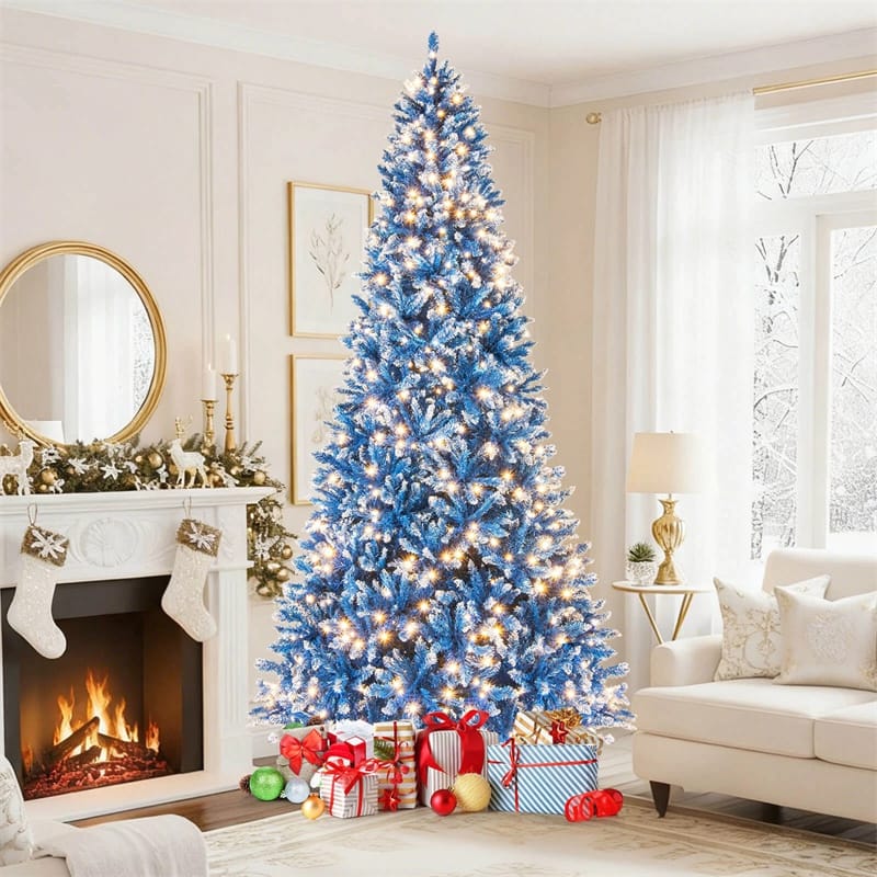 6/7/8/9 FT Pre-Lit Christmas Tree, Blue Hinged Xmas Tree with Frosted PVC Tips, Warm White LED Lights, 8 Modes & Folding Stand for Holiday Decor