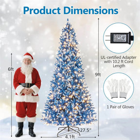6/7/8/9 FT Pre-Lit Christmas Tree, Blue Hinged Xmas Tree with Frosted PVC Tips, Warm White LED Lights, 8 Modes & Folding Stand for Holiday Decor