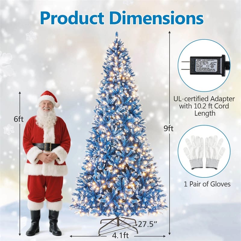 6/7/8/9 FT Pre-Lit Christmas Tree, Blue Hinged Xmas Tree with Frosted PVC Tips, Warm White LED Lights, 8 Modes & Folding Stand for Holiday Decor
