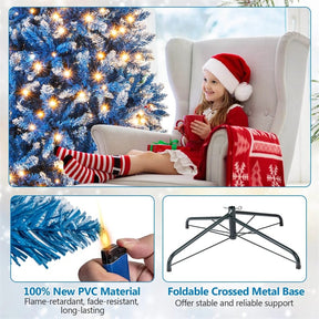 6/7/8/9 FT Pre-Lit Christmas Tree, Blue Hinged Xmas Tree with Frosted PVC Tips, Warm White LED Lights, 8 Modes & Folding Stand for Holiday Decor