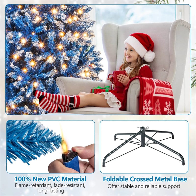 6/7/8/9 FT Pre-Lit Christmas Tree, Blue Hinged Xmas Tree with Frosted PVC Tips, Warm White LED Lights, 8 Modes & Folding Stand for Holiday Decor