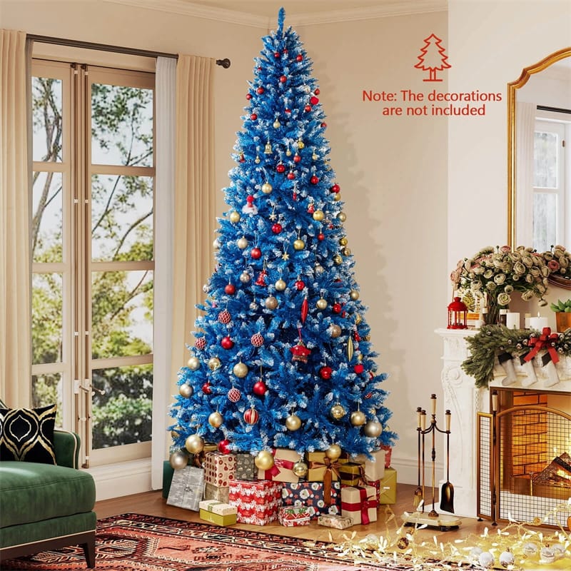 6/7/8/9 FT Pre-Lit Christmas Tree, Blue Hinged Xmas Tree with Frosted PVC Tips, Warm White LED Lights, 8 Modes & Folding Stand for Holiday Decor