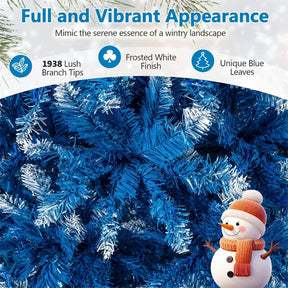 6/7/8/9 FT Pre-Lit Christmas Tree, Blue Hinged Xmas Tree with Frosted PVC Tips, Warm White LED Lights, 8 Modes & Folding Stand for Holiday Decor