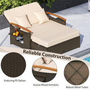 Patio Rattan Daybed with Adjustable Backrest, 2-Person Outdoor Wicker Loveseat with Storage Ottoman, Acacia Wood Armrest & Folding Tray