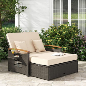 Patio Rattan Daybed with Adjustable Backrest, 2-Person Outdoor Wicker Loveseat with Storage Ottoman, Acacia Wood Armrest & Folding Tray