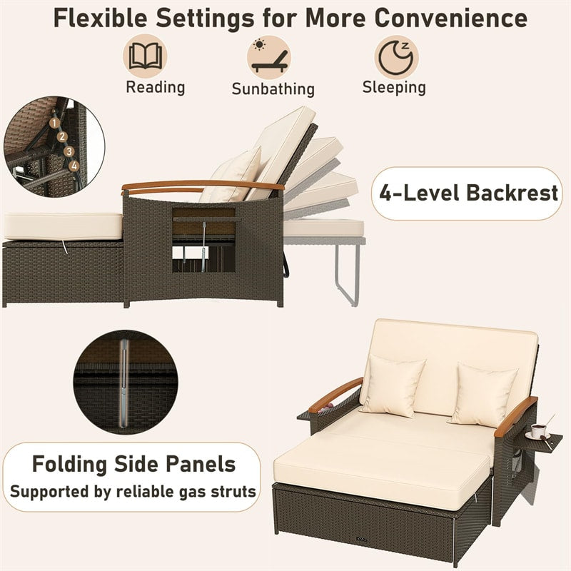 Patio Rattan Daybed with Adjustable Backrest, 2-Person Outdoor Wicker Loveseat with Storage Ottoman, Acacia Wood Armrest & Folding Tray