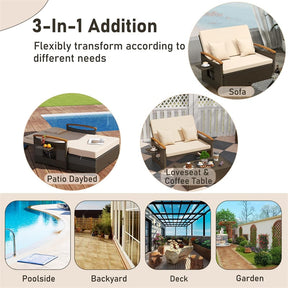 Patio Rattan Daybed with Adjustable Backrest, 2-Person Outdoor Wicker Loveseat with Storage Ottoman, Acacia Wood Armrest & Folding Tray