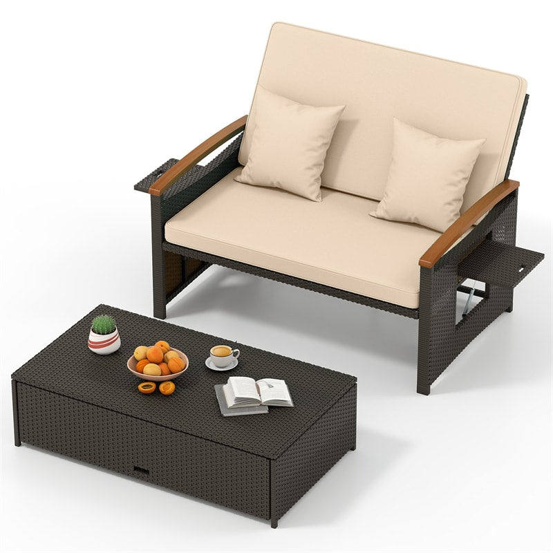 Patio Rattan Daybed with Adjustable Backrest, 2-Person Outdoor Wicker Loveseat with Storage Ottoman, Acacia Wood Armrest & Folding Tray