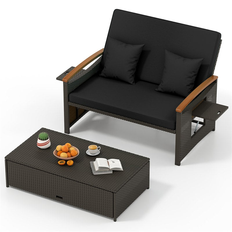 Patio Rattan Daybed with Adjustable Backrest, 2-Person Outdoor Wicker Loveseat with Storage Ottoman, Acacia Wood Armrest & Folding Tray
