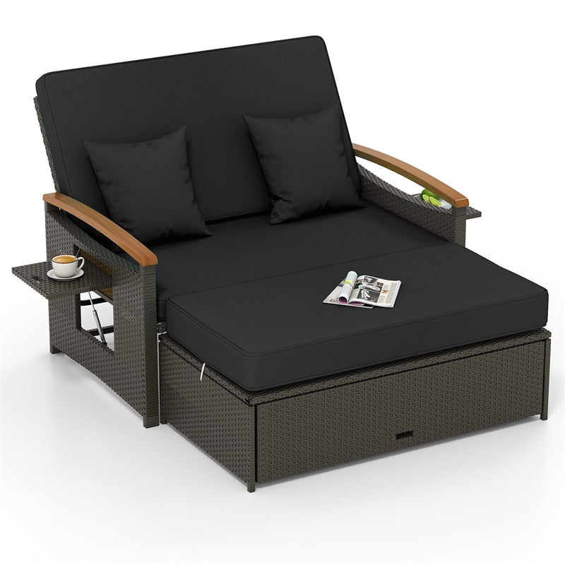 Patio Rattan Daybed with Adjustable Backrest, 2-Person Outdoor Wicker Loveseat with Storage Ottoman, Acacia Wood Armrest & Folding Tray