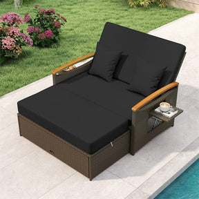 Patio Rattan Daybed with Adjustable Backrest, 2-Person Outdoor Wicker Loveseat with Storage Ottoman, Acacia Wood Armrest & Folding Tray