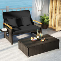 Patio Rattan Daybed with Adjustable Backrest, 2-Person Outdoor Wicker Loveseat with Storage Ottoman, Acacia Wood Armrest & Folding Tray