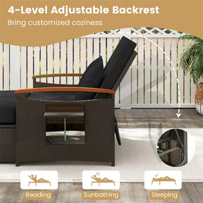 Patio Rattan Daybed with Adjustable Backrest, 2-Person Outdoor Wicker Loveseat with Storage Ottoman, Acacia Wood Armrest & Folding Tray