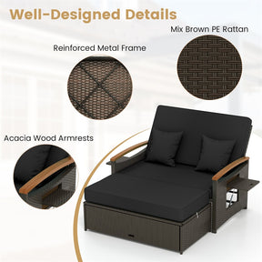 Patio Rattan Daybed with Adjustable Backrest, 2-Person Outdoor Wicker Loveseat with Storage Ottoman, Acacia Wood Armrest & Folding Tray
