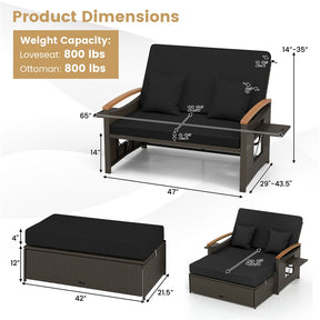 Patio Rattan Daybed with Adjustable Backrest, 2-Person Outdoor Wicker Loveseat with Storage Ottoman, Acacia Wood Armrest & Folding Tray