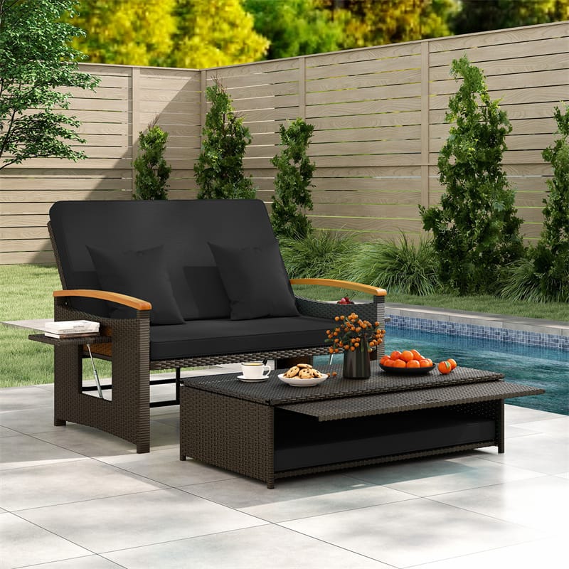 Patio Rattan Daybed with Adjustable Backrest, 2-Person Outdoor Wicker Loveseat with Storage Ottoman, Acacia Wood Armrest & Folding Tray