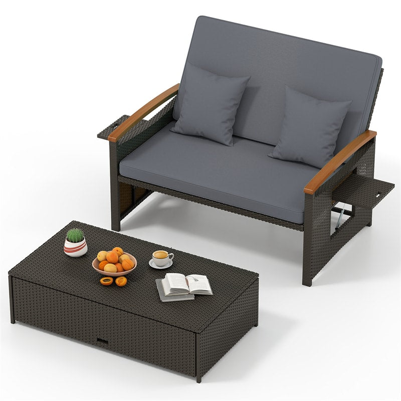 Patio Rattan Daybed with Adjustable Backrest, 2-Person Outdoor Wicker Loveseat with Storage Ottoman, Acacia Wood Armrest & Folding Tray