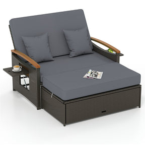 Patio Rattan Daybed with Adjustable Backrest, 2-Person Outdoor Wicker Loveseat with Storage Ottoman, Acacia Wood Armrest & Folding Tray