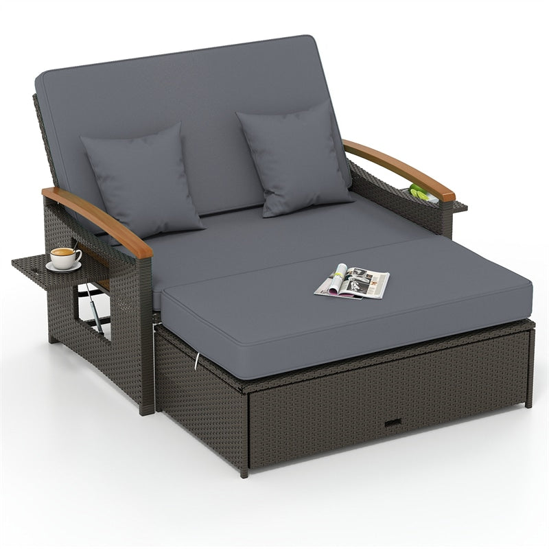 Patio Rattan Daybed with Adjustable Backrest, 2-Person Outdoor Wicker Loveseat with Storage Ottoman, Acacia Wood Armrest & Folding Tray