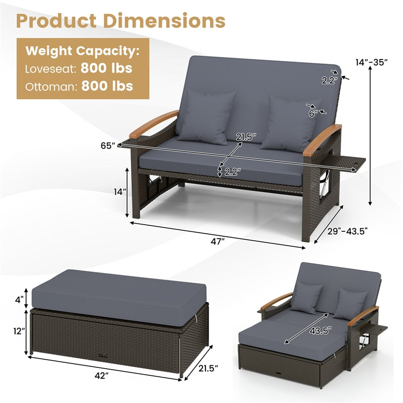 Patio Rattan Daybed with Adjustable Backrest, 2-Person Outdoor Wicker Loveseat with Storage Ottoman, Acacia Wood Armrest & Folding Tray